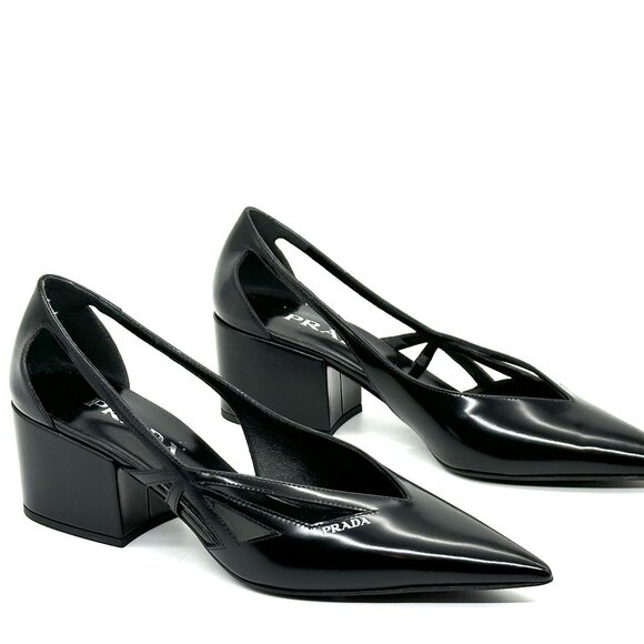 PRADA Runway Pointed Toe Cutout Cut Out Block Heel Brushed Leather Pumps - Picture 10 of 16